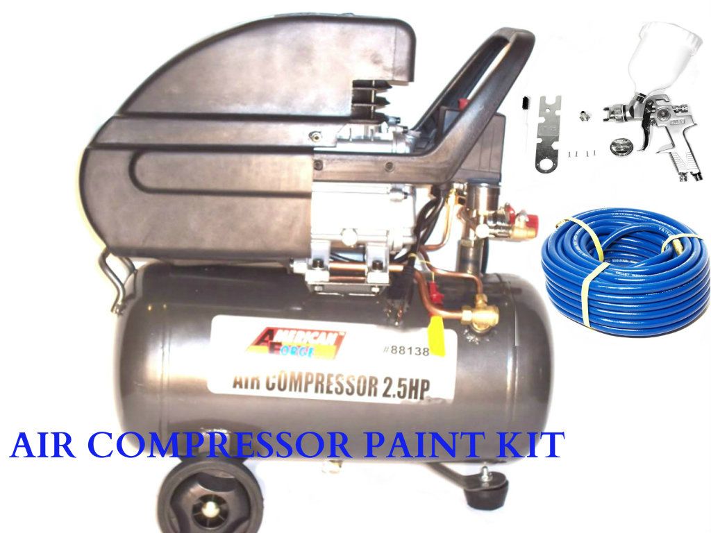 6 GALLON AIR COMPRESSOR WITH HVLP SPRAY PAINT GUN 1.4 AND 50 FT AIR