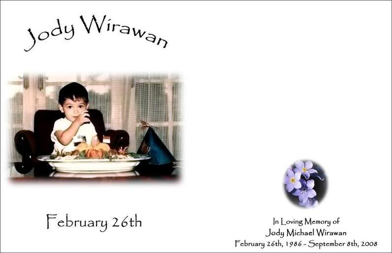 Front and back of memorial birthday card for Jody Wirawan.