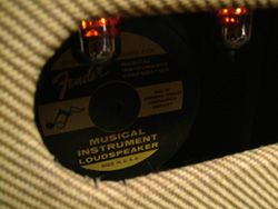 That's two of the three 12AX7 preamp valves. Made in USA Eminence 12-inch speaker in the background.