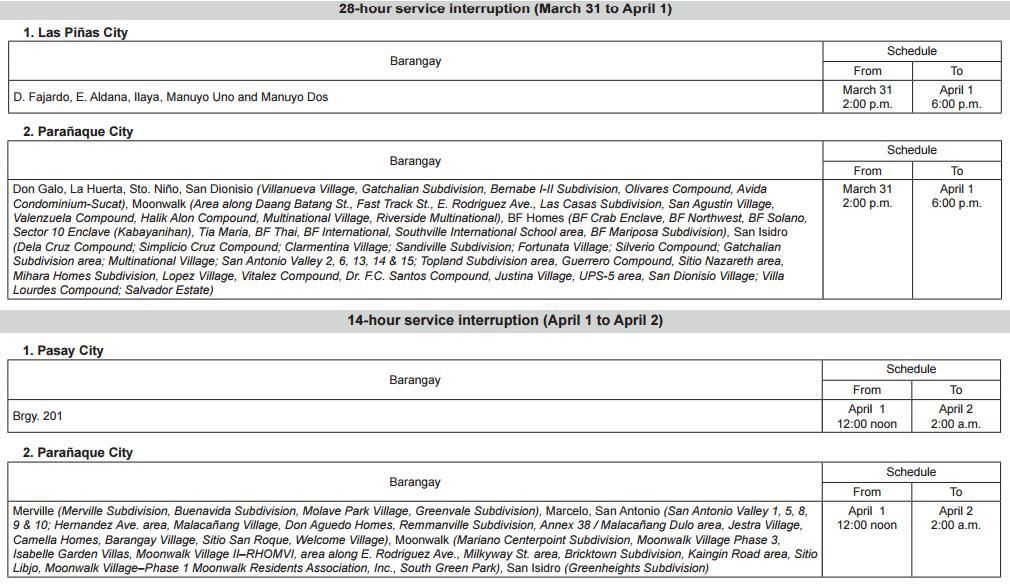 maynilad water service interruption schedule holy week 2015