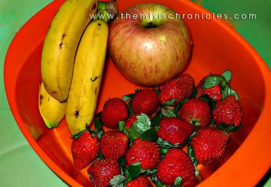 apple, bananas and strawberries baby food puree