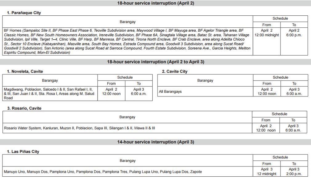 Maynilad water service interruption schedule holy week 2015