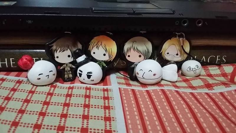 "Thank God Keybie Cafe has Hetalia stuff! Err...the nations with their mochi incarnations. Next time I'll complete the Hetalia set! (I made the mochis 'cept America though)"