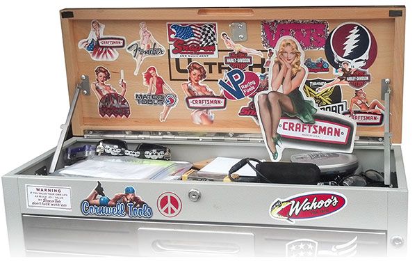 toolbox with stickers and decals