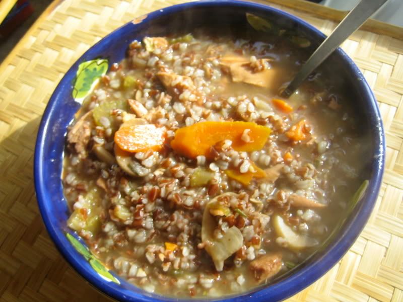 chicken soup with rice. Red Rice and Roast Chicken