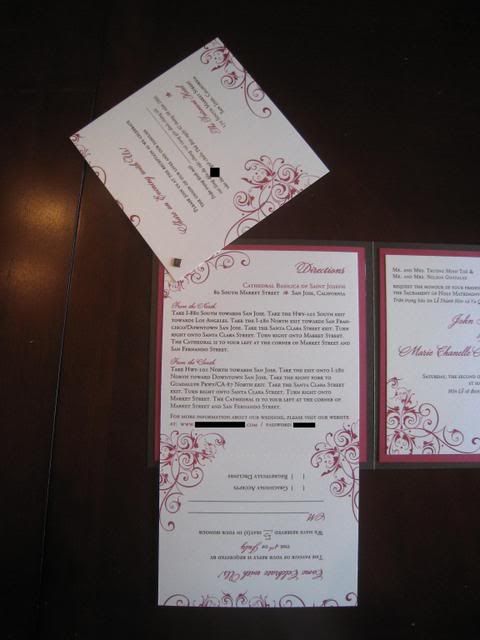 Reception card swiveled direction card and RSVP postcard opened up