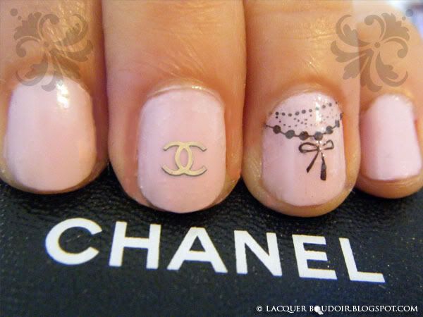 Chanel Tattoo inspired Nail Art by Laquer Boudoir, Revlon - Lilac Pastilles, Konad M62