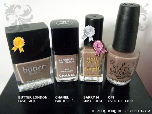 Lacquer Boudoir Swatch Comparison Awards: 1. Butter London Fash Pack, 2 & Best Value. Barry M Mushroom