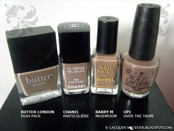 Lacquer Boudoir Bottles Comparison: Butter London Fash Pack, Chanel Particuliere, Barry M Mushroom, OPI Over the Taupe