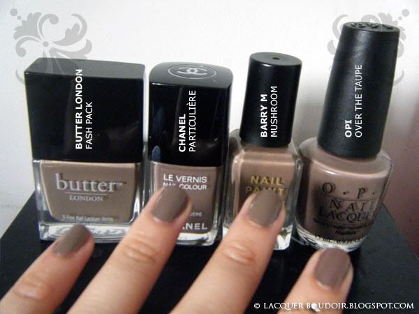 Lacquer Boudoir Swatch Comparison: Butter London Fash Pack, Chanel Particuliere, Barry M Mushroom, OPI Over the Taupe