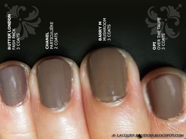 Lacquer Boudoir Swatch Comparison: Butter London Fash Pack, Chanel Particuliere, Barry M Mushroom, OPI Over the Taupe