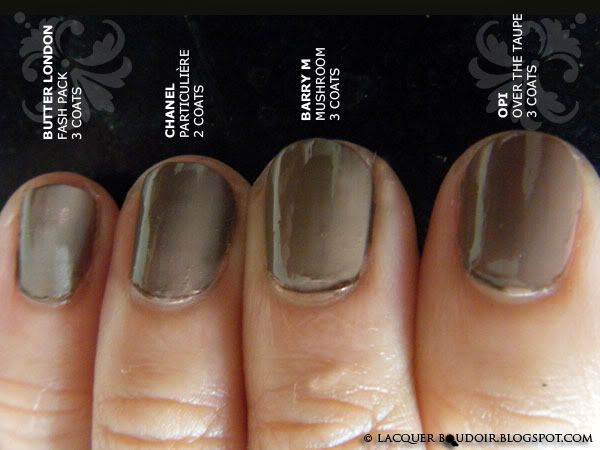 Lacquer Boudoir Swatch Comparison: Butter London Fash Pack, Chanel Particuliere, Barry M Mushroom, OPI Over the Taupe