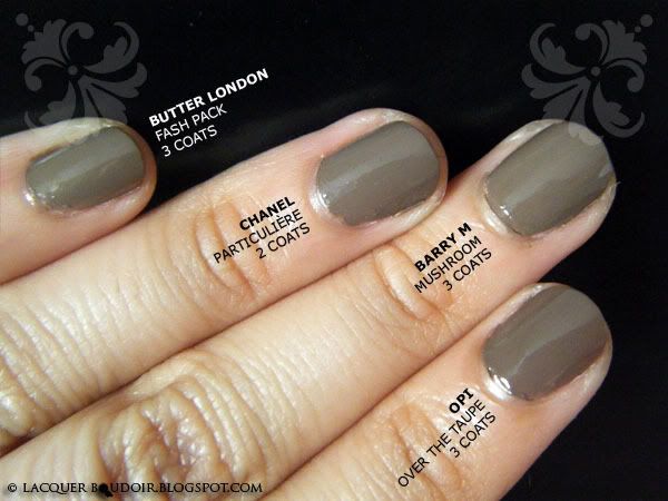 Swatch Comparison: Butter London Fash Pack, Chanel Particuliere, Barry M Mushroom, OPI Over the Taupe