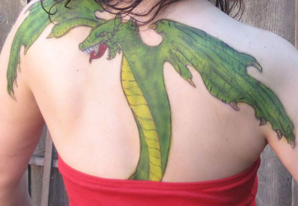 Green Dragon Tribal Tattoo with Wings in Sexy Girl