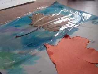 leaf printing with seran wrap and water colors