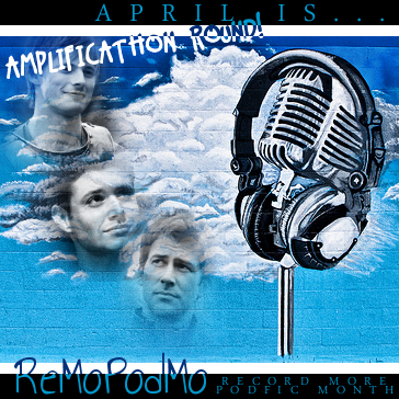 King Arthur, Dean Winchester and John Sheppard on a blue and white cloud background, next to a microphone and headphones. text reads april is record more podfic month, amplificathon round