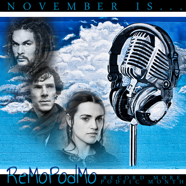 ronon dex, sherlock and morgana on a blue and white cloudy background, next to a microphone and headphones. text reads november is remopodmo