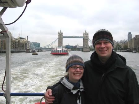 two of the Noro hats travel to London to see the Tower Bridge