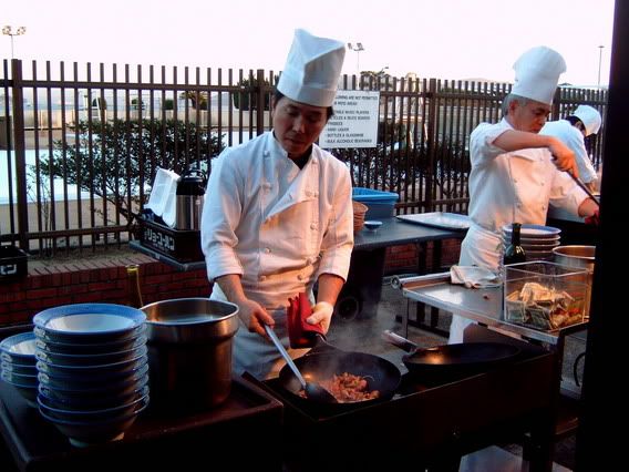 Every Thursday night there is a Mongolian BBQ held at the Harbor View Cafe on base.  You give the chef your bowl of ingredients you have selected and he cooks it there infront of you.