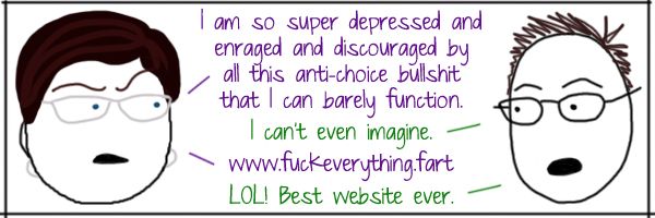 Liss: I am so super depressed and enraged and discouraged by all this anti-choice bullshit that I can barely function. Deeky: I can't even imagine. Liss: wwww.fuckeverything.fart Deeky: LOL! Best website ever.