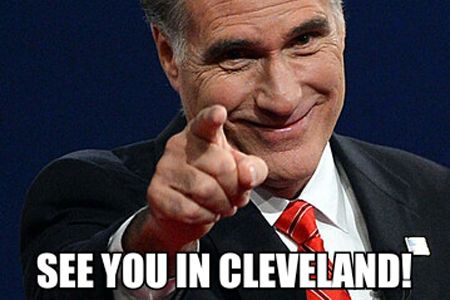 image of Mitt Romney pointing at the camera and smiling, to which I've added text reading: 'See you in Cleveland!'