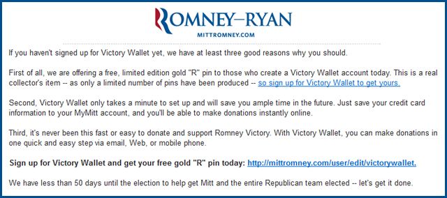 screen cap of text of an email asking people to sign up for the Mitt Romney Victory Wallet