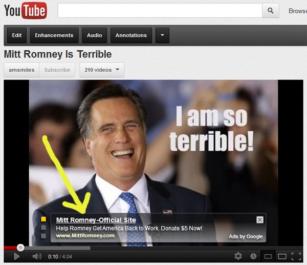 screen cap of the video playing on YouTube, with content generated advertising for Mitt Romney's official site