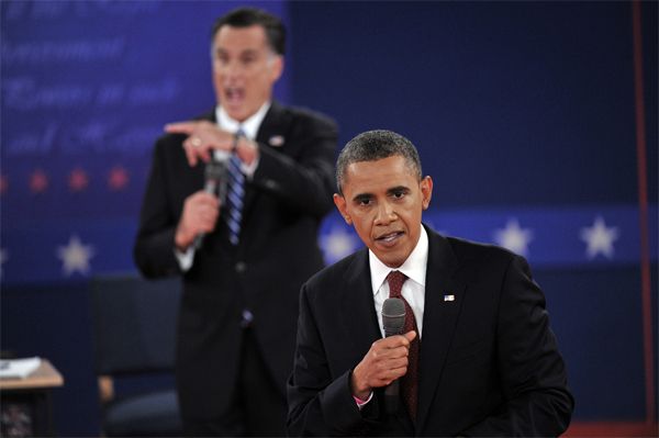 Obama stands in the foreground, calmly answering a question, while Romney screams in the background