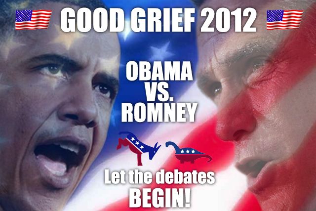 photographed image to play off a boxing promotional poster, with President Obama's and Mitt Romney's faces in the background with a US flag, and text reading: 'GOOD GRIEF 2012: OBAMA VS. ROMNEY | Let the debates BEGIN!'