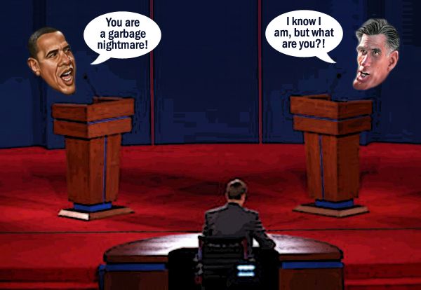photoshopped image of a debate stage; behind one podium is a caricature head of President Obama saying 'You are a garbage nightmare!' and behind the other is a caricature head of Mitt Romney saying 'I know I am, but what are you?!'