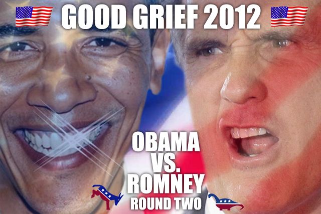 photographed image to play off a boxing promotional poster, with President Obama's smiling face and Mitt Romney's scowling face in the background with a US flag, and text reading: 'GOOD GRIEF 2012: OBAMA VS. ROMNEY | Round Two'