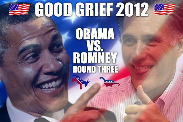 photographed image to play off a boxing promotional poster with a US flag background, with President Obama smiling and pointing, and Mitt Romney sticking his tongue out and giving the thumbs-up, and text reading: 'GOOD GRIEF 2012: OBAMA VS. ROMNEY | Round Three'