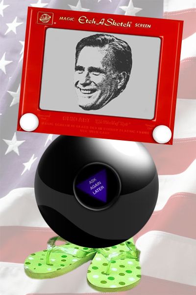 Mitt Romney made up of an Etch-a-Sketch, Magic 8-Ball, and flip-flips