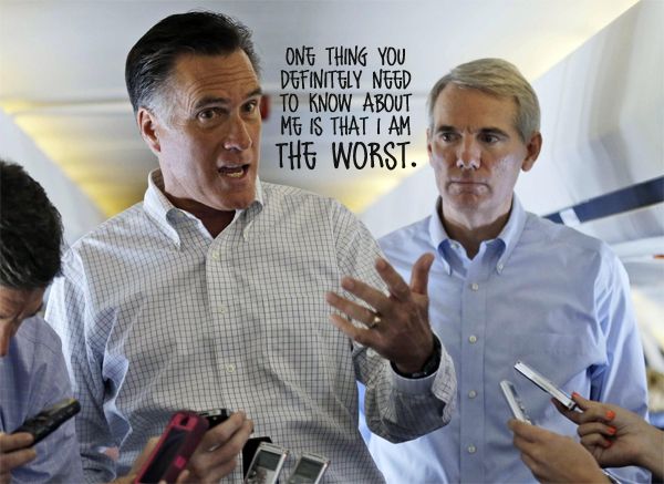 image of Mitt Romney on his campaign plane, speaking to reporters and gesturing to himself, to which I've added text reading: 'One thing you definitely need to know about me is that I am THE WORST.'