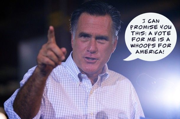 image of Mitt Romney speaking at a campaign event and looking angry, to which I have added a dialogue bubble reading: 'I can promise you this: A vote for me is a whoops for America!'
