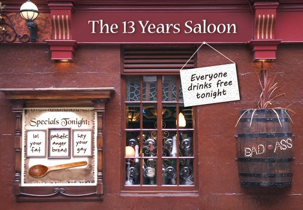 image of a pub Photoshopped to be named 'The 13 Years Saloon'