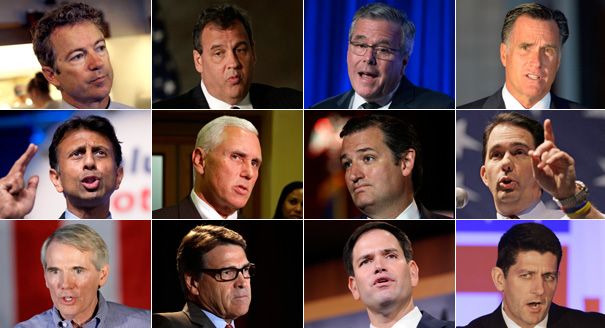 image of a grid of smaller images of the following Republican politicians: Rand Paul, Chris Christie, Jeb Bush, Mitt Romney, Bobby Jindal, Mike Pence, Ted Cruz, Scott Walker, Rob Portman, Rick Perry, Marco Rubio, and Paul Ryan