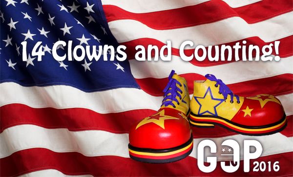 image of a US flag behind a pair of clown shoes, with text reading: '14 clowns and counting! GOP 2016'