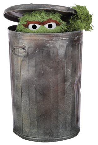 image of Oscar the Grouch, a green muppet, peeking out of his garbage can