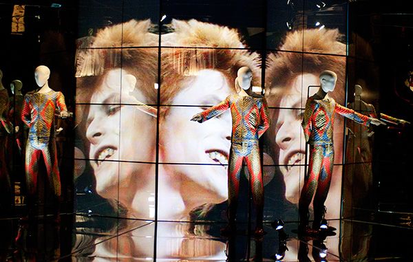 image of a video installation also featuring costumes from the 'David Bowie Is' exhibit at the Chicago Museum of Contemporary Art