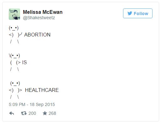 screen cap of a tweet authored by me, featuring three dancing stick people saying ABORTION IS HEALTHCARE