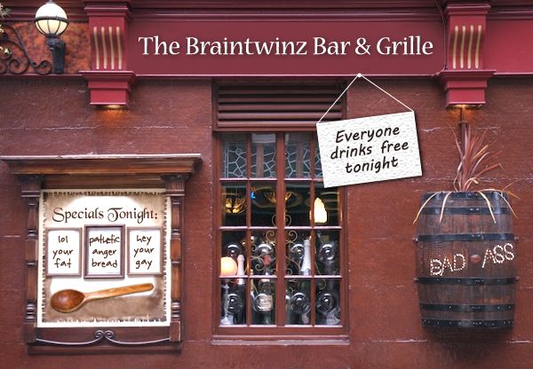 image of a pub Photoshopped to be named 'The Braintwinz Bar & Grille'