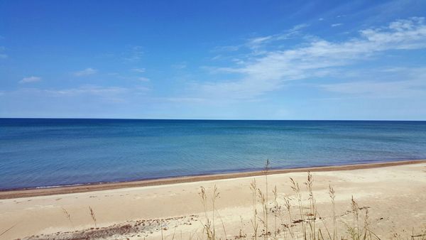 image of the Indiana Dunes at the shore of Lake Michigan on a sunny day