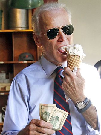 image of Joe Biden wearing reflective aviator sunglasses, holding cash in his hand, and licking an ice cream cone
