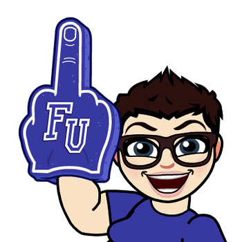 image of a cartoon version of me, holding up a foam middle finger reading FU