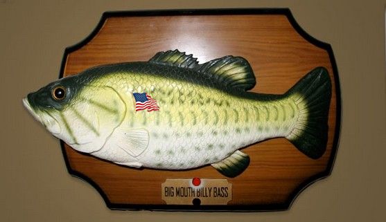 image of a Big Mouth Billy Bass singing fish wearing a flag lapel pin