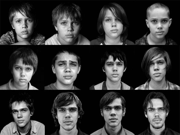 compilation of 12 black and white headshots taken over 12 years of the star of Boyhood, Ellar Coltrane, a young white man
