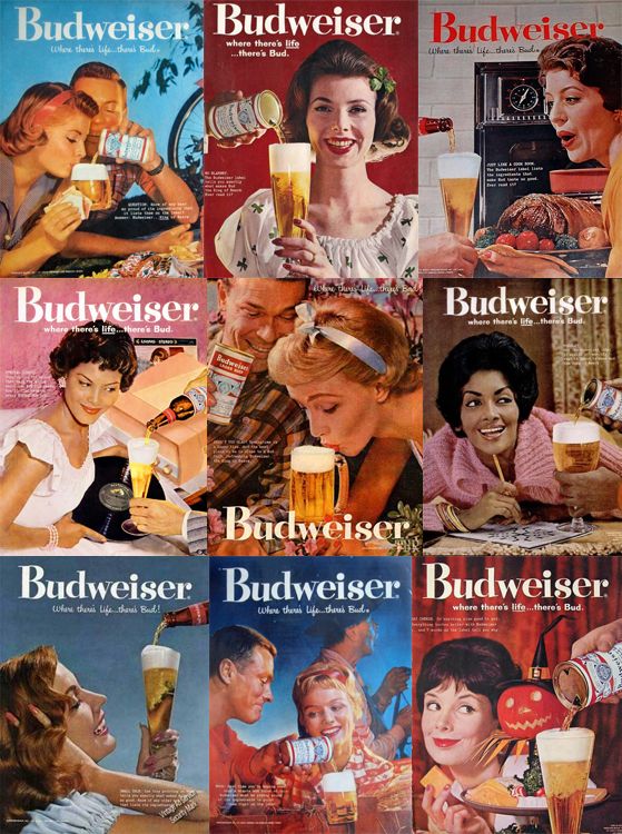 series of images of advertisements all featuring men pouring Budweiser beer for women