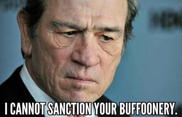 image of Tommy Lee Jones scowling, to which I have added text reading: 'I cannot sanction your buffoonery.'