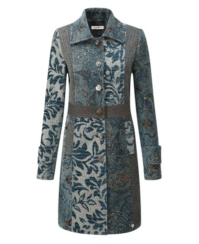 image of a blue-toned 'gorgeous jacquard fabric and luxurious semi-fitted tapestry coat'